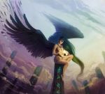  2012 angel black_feathers black_hair breasts detailed_background digital_media_(artwork) eyes_closed feathered_wings feathers female hair long_hair neboveria nipples solo wings 