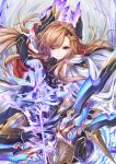  absurdres arrow bangs black_legwear bow_(weapon) breasts brown_eyes brown_hair cape commentary_request gloves granblue_fantasy hair_ornament hairband head_wings highres large_breasts long_hair looking_at_viewer smile solo song_(granblue_fantasy) topia weapon white_cape white_gloves 