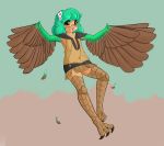  animal_humanoid avian avian_humanoid blasticussaturn clothing feathers female green_hair hair hair_ornaments harpy hoodie humanoid looking_at_viewer monster_girl_(genre) panties short_hair simple_background solo underwear wings young 