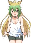  absurdres ahoge animal_ear_fluff animal_ears atalanta_(fate) bangs bare_arms bare_shoulders bike_shorts black_choker black_shorts blonde_hair blush breasts choker collarbone commentary_request cosplay cowboy_shot eyebrows_visible_through_hair fang fate/apocrypha fate_(series) gradient_hair green_eyes green_hair hair_between_eyes highres hinata_channel long_hair looking_at_viewer loose_clothes medium_breasts mitchi multicolored_hair nekomiya_hinata nekomiya_hinata_(cosplay) nose_blush open_mouth short_shorts shorts solo sweat tank_top trembling v-shaped_eyebrows very_long_hair virtual_youtuber white_tank_top 