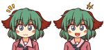  :3 :d animal_ears blush_stickers commentary dress english_commentary eyebrows_visible_through_hair green_eyes green_hair kasodani_kyouko looking_at_viewer multiple_girls multiple_persona no_nose open_mouth pink_dress short_hair simple_background smile touhou upper_body white_background wool_(miwol) 