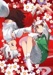  animal_ears ascot barefoot black_eyes bloomers closed_mouth commentary_request detached_sleeves floral_background green_eyes green_skirt hat highres inubashiri_momiji konpaku_youmu konpaku_youmu_(ghost) long_sleeves looking_at_viewer multiple_girls no_shoes nunupon0514 pleated_skirt red_hat short_hair skirt skirt_set smile socks tail tokin_hat touhou underwear upside-down white_hair white_legwear wolf_ears wolf_tail 