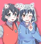 alternate_costume animal_ears aotan_(aorin114) black_hair cat_ears collared_shirt commentary_request common_raccoon_(kemono_friends) eyebrows_visible_through_hair fang grey_hair hood hoodie kaban_(kemono_friends) kemono_friends multicolored_hair multiple_girls one_eye_closed shirt short_hair sweater_vest v whiskers 