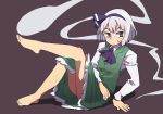  ascot bangs bare_legs barefoot black_bow blue_eyes bow brown_background buttons closed_mouth commentary_request full_body green_skirt hair_bow konpaku_youmu konpaku_youmu_(ghost) long_sleeves nunupon0514 plantar_flexion pleated_skirt shirt short_hair simple_background sitting skirt skirt_set solo touhou white_hair white_shirt 