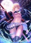  apron artoria_pendragon_(all) artoria_pendragon_(swimsuit_rider_alter) ass_visible_through_thighs bikini black_bikini black_legwear black_skirt blonde_hair blush breasts cloud fate/grand_order fate_(series) frilled_apron frilled_skirt frills from_below full_moon groin gun hair_between_eyes highres holding holding_gun holding_weapon maid_bikini maid_headdress medium_breasts moon navel nekoneko_jun2_123 polearm short_hair sideboob skirt sky solo spear star_(sky) starry_sky swimsuit thigh_strap thighhighs underboob wading water weapon white_apron yellow_eyes 