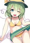  amisu aqua_eyes bare_shoulders bikini black_hat bow breasts green_hair green_skirt hat hat_bow heart heart_of_string komeiji_koishi looking_at_viewer one_eye_closed open_mouth simple_background skirt small_breasts smile solo swimsuit touhou white_background yellow_bikini yellow_bow 