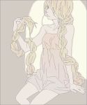  bare_arms bare_legs bare_shoulders blonde_hair braid dress expressionless grey_background hair_over_one_eye hand_in_hair kai_(dweep) long_hair looking_away original simple_background sitting sleeveless sleeveless_dress solo upper_body very_long_hair white_background 