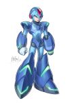  absurdres android arm_cannon clenched_hand commentary_request full_body gloves green_eyes helmet hi-go! highres male_focus rockman rockman_x signature simple_background solo standing weapon white_background white_gloves x_(rockman) 