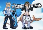  akali anthro blonde_hair blue_eyes breasts brown_hair cleavage clothed clothing coat crop_top dorsal_fin duo feline female fin fish hair holding_object jacket mammal marine midriff mountain oorein red_eyes shark sharp_teeth shirt smile snow snowboard teeth xaenyth 