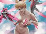  21yc_(september_breeze) artist_name blonde_hair breasts breasts_apart character_name closed_mouth commentary lips looking_at_viewer mechanical_wings medium_breasts mercy_(overwatch) nose nude overwatch pink_mercy pink_ribbon ribbon short_hair sky smile solo staff twintails wings 