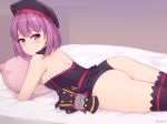  ass automaton_(object) bare_shoulders black_hat black_legwear black_panties breasts closed_mouth colonel_olcott_(fate/grand_order) detached_collar doll dress fate/grand_order fate_(series) hat helena_blavatsky_(fate/grand_order) kuavera looking_at_viewer lying on_stomach panties pillow purple_eyes purple_hair short_hair small_breasts smile solo strapless strapless_dress thighhighs underwear 