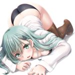  all_fours aqua_eyes aqua_hair ass bangs black_bra black_panties blush bra breast_press breasts brown_legwear cleavage dd_(ijigendd) eyebrows_visible_through_hair green_eyes hair_between_eyes hair_ornament hairclip kantai_collection large_breasts long_hair long_sleeves looking_at_viewer no_pants no_shoes open_clothes open_mouth open_shirt panties shirt simple_background solo suzuya_(kantai_collection) thighhighs top-down_bottom-up underwear white_background white_shirt 