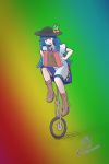  absurdres accordion balancing boots full_body gradient gradient_background hat highres hinanawi_tenshi instrument meme music playing_instrument rainbow rainbow_background rainbow_gradient rosenmann touhou unicycle watermark 