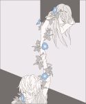  1girl blue_flower closed_eyes expressionless eyebrows_visible_through_hair flower grey_background grey_hair greyscale hands_together holding_hands kai_(dweep) long_hair monochrome morning_glory original outstretched_arm plant short_hair simple_background standing upper_body window 