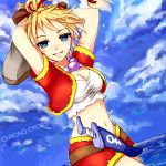  blonde_hair blue_eyes breasts chrono_cross cleavage commentary_request gloves high_ponytail himasen jewelry kid_(chrono_cross) long_hair looking_at_viewer midriff multi-tied_hair navel necklace ponytail skirt smile solo vest 