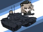  brown_eyes centurion_(tank) commentary_request emblem girls_und_panzer ground_vehicle hat highres kochidoh light_brown_hair military military_vehicle motor_vehicle selection_university_(emblem) selection_university_military_uniform shimada_arisu tank 