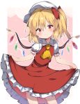  amashi_(qcmrq906) ascot bad_id bad_pixiv_id blonde_hair blush border bow commentary cowboy_shot crystal curtsey dress eyebrows_visible_through_hair flandre_scarlet frilled_shirt_collar frills hair_between_eyes hair_bow hat head_tilt heart highres lifted_by_self looking_at_viewer mob_cap pink_background puffy_short_sleeves puffy_sleeves red_bow red_dress red_eyes short_hair short_sleeves side_ponytail skirt_hold smile solo standing touhou white_border white_hat wings yellow_neckwear 