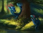  2012 ambiguous_gender blue_eyes detailed_background digital_media_(artwork) dragon duo feathers feral forest grass hair horn membranous_wings neboveria scalie tree water western_dragon wings 