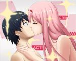  1boy 1girl black_hair blue_eyes breasts couple darling_in_the_franxx eyes_closed face-to-face fringe hand_on_another&#039;s_neck hetero hiro_(darling_in_the_franxx) horns kiss large_breasts long_hair looking_at_another no_bra oni_horns pink_hair red_horns shirtless short_hair spade_wish zero_two_(darling_in_the_franxx) 