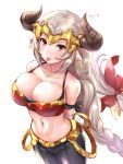  aliza_(granblue_fantasy) arm_wrap armband arms_behind_back bare_shoulders belt black_pants blush bow braid breasts cleavage collarbone commentary_request draph earrings granblue_fantasy hair_pulled_back headpiece highres hips horns jewelry large_breasts long_braid long_hair looking_at_viewer midriff navel pants pointy_ears red_bow red_eyes silver_hair simple_background single_braid smile solo tongue tongue_out tsuchinoto white_background 