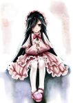  alternate_costume black_hair brown_eyes capelet commentary_request dress hair_over_one_eye hayashimo_(kantai_collection) headdress kantai_collection kurona lolita_fashion long_hair mary_janes pantyhose pink_dress shoes sitting solo sweet_lolita white_legwear 