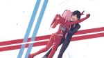  1girl bangs black_bodysuit black_hair bodysuit closed_eyes commentary couple darling_in_the_franxx english_commentary gloves hand_on_another's_back hand_on_another's_head hetero highres hiro_(darling_in_the_franxx) horns hug hug_from_behind long_hair oni_horns pilot_suit pink_hair red_bodysuit red_gloves red_horns sasplayer white_gloves zero_two_(darling_in_the_franxx) 