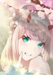  absurdres aqua_eyes bangs darling_in_the_franxx eyebrows_visible_through_hair flower hair_flower hair_ornament hairband highres horns long_hair looking_at_viewer pink_hair ponytail pp229 red_horns smile solo white_hairband zero_two_(darling_in_the_franxx) 