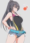  ass ass_visible_through_thighs bare_shoulders belt black_hair blush bracelet breasts brown_eyes competition_swimsuit covered_navel cutoffs denim denim_shorts hands_on_hips idolmaster idolmaster_shiny_colors jewelry long_hair looking_at_viewer mikoyan one-piece_swimsuit ponytail shirase_sakuya short_shorts shorts solo swimsuit very_long_hair 