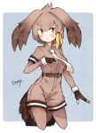  absurdres bird_tail bird_wings blonde_hair blush collared_shirt commentary cowboy_shot elbow_gloves enk_0822 eyebrows_visible_through_hair fingerless_gloves gloves grey_hair hair_tie head_wings highres kemono_friends multicolored_hair necktie pantyhose shirt shoebill_(kemono_friends) short_hair shorts solo t-shirt wings 