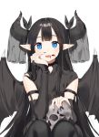  bad_id bad_pixiv_id bangs black_hair black_legwear blood blood_on_face bloody_hands blue_eyes blue_nails bridal_gauntlets chin_rest demon_girl demon_wings eyebrows_visible_through_hair fangs fingernails highres horns long_hair looking_at_viewer nail_polish ongyageum open_mouth original pantyhose pointy_ears sharp_fingernails simple_background sitting skull solo symbol-shaped_pupils tareme veil very_long_hair white_background wings 