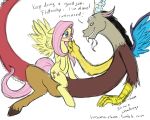  2013 5:4 antlers blush cowgirl_position cutie_mark discord_(mlp) draconequus duo english_text equine feathered_wings feathers female feral fluttershy_(mlp) friendship_is_magic hair hasana-chan horn interspecies male male/female mammal my_little_pony nude on_top pegasus penetration pink_hair sex simple_background straddling text white_background wings yellow_feathers 