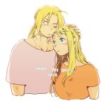  1girl 2018 antenna_hair blonde_hair blue_eyes couple dated earrings edward_elric expressionless fingernails fullmetal_alchemist hand_on_another's_head hetero igi_(tarqu0ise) jewelry long_hair looking_at_another looking_away one_eye_closed orange_shirt ponytail shirt simple_background upper_body white_background white_shirt winry_rockbell yellow_eyes 