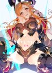  arrow bangs black_gloves black_legwear blue_background blush breastplate breasts brown_eyes cape cleavage commentary_request elbow_gloves gloves granblue_fantasy hair_ornament hairband hand_behind_head hand_in_hair head_wings large_breasts long_hair looking_at_viewer navel open_mouth orange_hair sidelocks simple_background smile solo song_(granblue_fantasy) spread_legs squatting sweat tatami_to_hinoki thighhighs thighs white_cape 