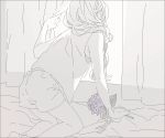  back_turned bare_legs bed bed_sheet bouquet curtains flower flower_request hair_over_shoulder kai_(dweep) kneeling long_hair looking_away monochrome original ponytail shorts sleeveless solo window 