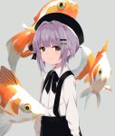  bangs black_hat black_skirt cosplay fish goldfish grey_background hair_ornament hairpin hat hatoba_tsugu hatoba_tsugu_(character) hatoba_tsugu_(character)_(cosplay) idolmaster idolmaster_cinderella_girls kirarin369 koshimizu_sachiko long_sleeves looking_at_viewer purple_hair red_eyes shirt short_hair simple_background skirt solo standing suspender_skirt suspenders virtual_youtuber white_shirt 