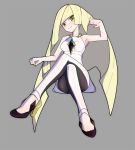  armpits bangs bare_arms bare_shoulders black_legwear blonde_hair breasts crossed_legs diagonal_bangs dress full_body green_eyes grey_background hand_in_hair high_heels iwahana leggings light_blush long_hair lusamine_(pokemon) mature medium_breasts pantyhose pokemon pokemon_(game) pokemon_sm purple_footwear sandals short_dress simple_background sleeveless sleeveless_dress smile two-tone_legwear very_long_hair white_dress white_legwear 