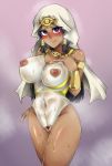  1girl beruzumi-m black_hair blush breasts cleavage covered_navel dark_skin egyptian egyptian_clothes erect_nipples hand_on_own_chest heart heart-shaped_pupils hypnosis ishizu_ishtar large_breasts looking_at_viewer mind_control nipples one-piece_swimsuit purple_eyes pussy see-through sweat swimsuit vambraces yu-gi-oh! 