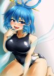  black_swimsuit blue_eyes blue_hair breasts competition_swimsuit d-m_(dii_emu) drill_hair finger_to_mouth hair_ornament hair_rings hair_stick highres kaku_seiga large_breasts looking_at_viewer one-piece_swimsuit open_mouth shawl sitting smile swimsuit touhou wariza 