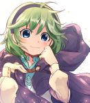  :3 blue_eyes blush fire_emblem fire_emblem:_rekka_no_ken fire_emblem_heroes green_hair hairband highres looking_at_viewer nakabayashi_zun nino_(fire_emblem) purple_hairband short_hair simple_background smile solo 