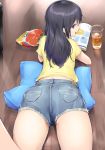  ass black_hair blue_eyes book calbee_(potato_chips) chips commentary_request cup cushion dabuki drinking_glass eating eyebrows_visible_through_hair food highres juice long_hair looking_back lying mouth_hold on_stomach open_book original pocket potato_chips profile shirt short_shorts shorts solo thighs wooden_floor yellow_shirt 