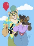  1990s 2018 anthro balloon black_hair bracelet breasts camera clothed clothing cloud disney_parks disneyland duo ear_piercing eyewear fanny_pack feline female fur glasses hair happy hawaiian_shirt hi_res hyena jeans jewelry laphund lion mammal pants piercing shirt signature simple_background small_breasts smile spots spotted_fur sunglasses sweater tan_fur visor watch yellow_eyes yellow_sclera 