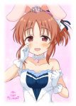  :d abe_nana animal_ears bangs bare_shoulders blue_ribbon blush breasts brown_eyes brown_hair bunny_ears cleavage collarbone commentary_request dress eyebrows_visible_through_hair gloves hair_ribbon idolmaster idolmaster_cinderella_girls idolmaster_cinderella_girls_starlight_stage kaiware-san long_hair looking_at_viewer medium_breasts open_mouth parted_bangs ribbon sidelocks signature smile solo sparkle starry_sky_bright strapless strapless_dress tears tiara upper_body white_dress white_gloves wiping_tears 