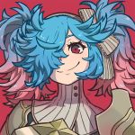  armor bangs blue_hair bow closed_mouth eyebrows eyelashes fire_emblem fire_emblem_if gradient_hair grey_bow grey_hairband hair_over_one_eye hairband long_hair messy_hair multicolored_hair pieri_(fire_emblem_if) pink_hair red_background red_eyes reiesu_(reis) simple_background smile solo striped striped_bow turtleneck twintails two-tone_hair 