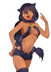  :d absurdres black_hair black_legwear braid breasts choker commentary_request contrapposto cowboy_shot dark_skin eyebrows_visible_through_hair fang flower hair_between_eyes hair_flower hair_ornament hand_on_hip hand_up highres jahy jahy_sama_wa_kujikenai konbu_wakame long_hair medium_breasts navel o-ring o-ring_top official_art open_mouth revealing_clothes short_shorts shorts sidelocks simple_background single_braid smile solo standing thighhighs very_long_hair white_background yellow_eyes 