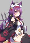  animal_ears azur_lane bell black_legwear blush breasts brown_hair cannon cat_ears detached_sleeves eyebrows_visible_through_hair from_side grey_background hairband jingle_bell large_breasts long_hair long_sleeves parted_lips purple_eyes purple_hair short_eyebrows simple_background sitting solo takashiru thick_eyebrows thighhighs twitter_username urakaze_(azur_lane) wide_sleeves 