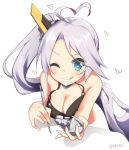  :q ahoge azur_lane bare_shoulders black_bra blue_eyes blush bra breasts cleavage grey_hair headgear heart heart-shaped_pupils heart_ahoge holding long_hair looking_at_viewer medium_breasts one_eye_closed portland_(azur_lane) side_ponytail simple_background smile solo symbol-shaped_pupils takashiru tongue tongue_out twitter_username underwear very_long_hair white_background 