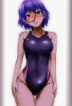  blue_eyes blue_hair blue_swimsuit blush breasts competition_swimsuit d-m_(dii_emu) highres jiangshi looking_at_viewer medium_breasts miyako_yoshika ofuda one-piece_swimsuit short_hair smile solo swimsuit touhou 