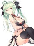  ahoge bad_id bad_pixiv_id bangs bare_shoulders black_bow black_legwear bow breasts bunny_hair_ornament cleavage crop_top eyebrows_visible_through_hair fingernails green_hair groin hair_between_eyes hair_bow hair_ornament indoors long_hair looking_at_viewer medium_breasts navel neck_ribbon original parted_lips purple_eyes red_ribbon ribbon see-through sidelocks simple_background solo thighhighs touwa_nikuman twintails very_long_hair white_background wing_collar 