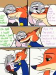  2017 4_fingers anthro bed bedroom canine clothed clothing comic cuddling disney duo english_text female fox fur green_eyes hi_res hug judy_hopps lagomorph lying male mammal nick_wilde police pregnant purple_eyes rabbit skeletonguys-and-ragdolls speech_bubble text zootopia 