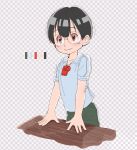  black_hair blue_shirt color_guide commentary_request glasses green_pants highres made_in_abyss male_focus pants red_eyes shiggy_(made_in_abyss) shirt short_sleeves smile solo standing usuki_(usukine1go) whistle 